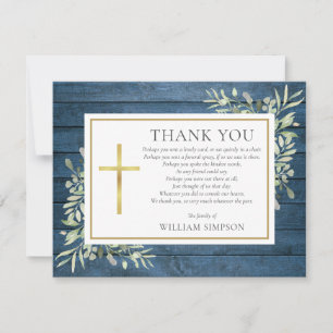 Tarjeta De Agradecimiento Funeral cristiano azul madera rústica verde poema
