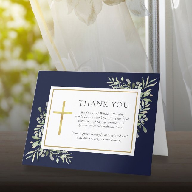 Tarjeta De Agradecimiento Funeral cristiano azul marino acuarela verde (Christian Funeral Navy Blue Watercolor Greenery Thank You Card)
