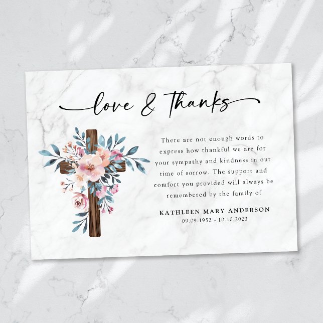 Tarjeta De Agradecimiento Funeral de Boho Floral Cross Script (Subido por el creador)