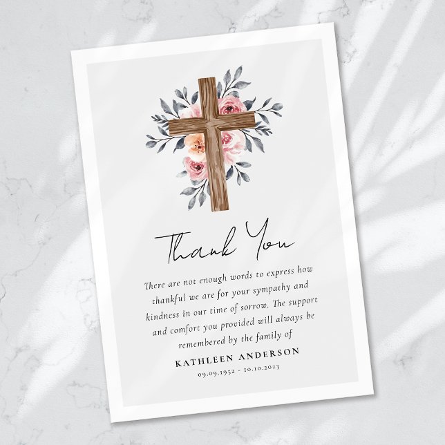 Tarjeta De Agradecimiento Funeral de Boho Floral Cross Sympathy (Subido por el creador)