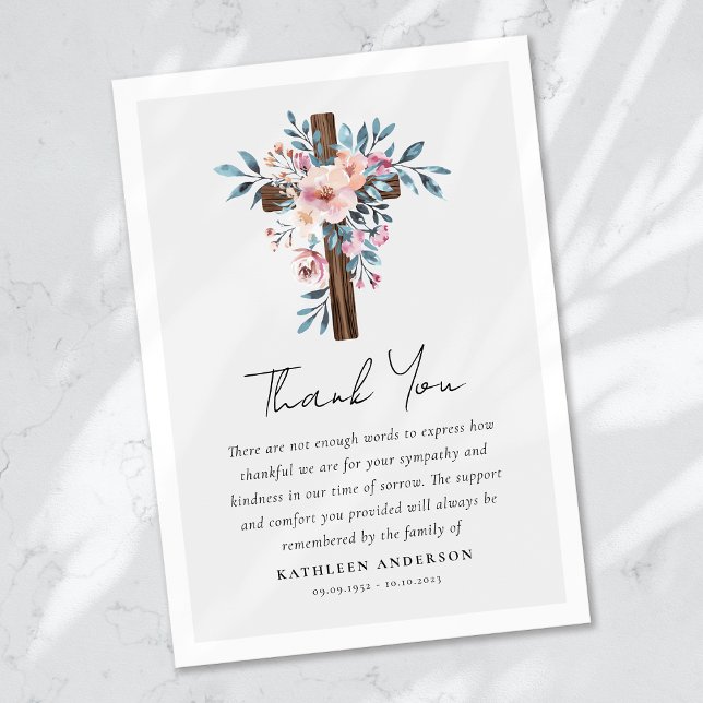 Tarjeta De Agradecimiento Funeral de Boho Floral Cross Sympathy (Subido por el creador)
