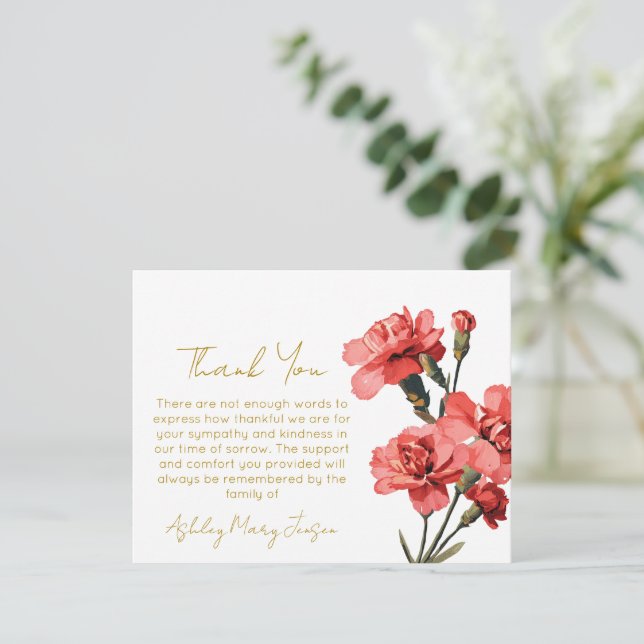 Tarjeta de agradecimiento funeral de clavel duelo  (Anverso de pie)