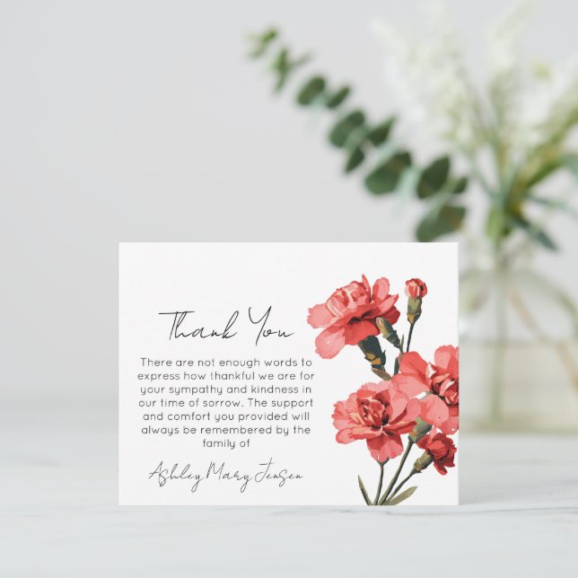Tarjeta de agradecimiento funeral de clavel Luto  (Anverso de pie)