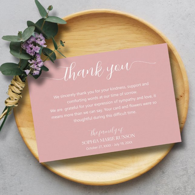 Tarjeta De Agradecimiento Funeral de guión elegante (Elegant script pink funeral thank you cards)