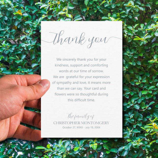 Tarjeta De Agradecimiento Funeral de guión elegante (Simple funeral thank you cards with blue lettering are 3.5" x 5" or choose a different size)