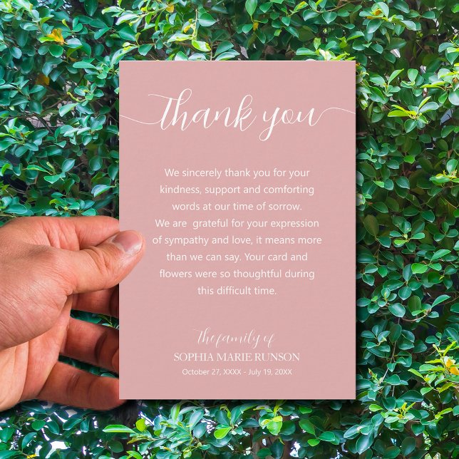 Tarjeta De Agradecimiento Funeral De Guión Elegante (Simple pink funeral thank you cards are 3.5" x 5" or choose a different size)