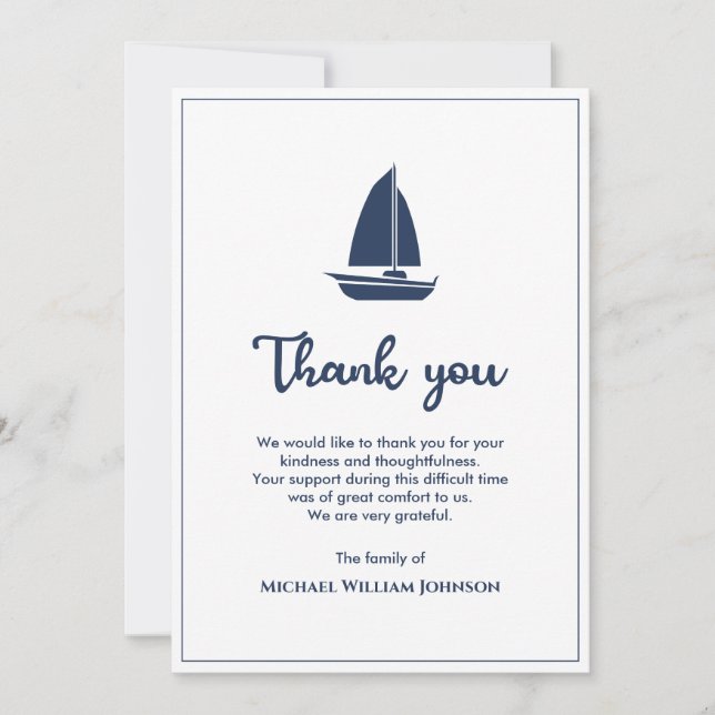 Tarjeta De Agradecimiento Funeral de la Nautica Blue White Sailboat (Anverso)