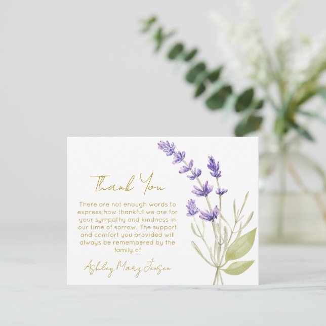 Tarjeta de agradecimiento funeral de lavanda duelo (Anverso de pie)