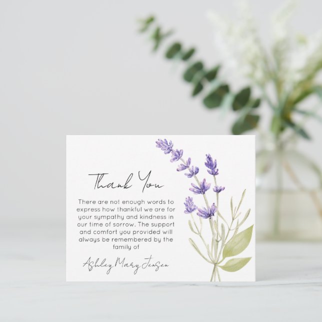 Tarjeta de agradecimiento funeral de lavanda por d (Anverso de pie)