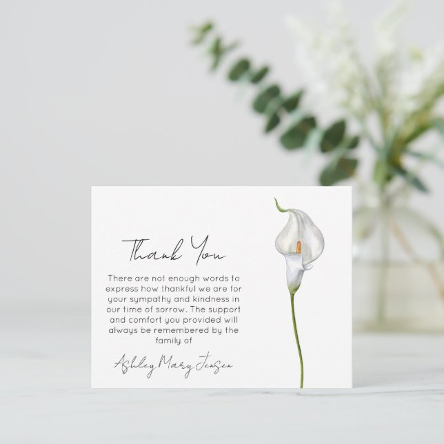 Tarjeta de agradecimiento funeral de lirio calla d (Anverso de pie)