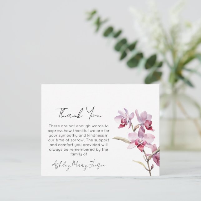Tarjeta de agradecimiento funeral de orquídeas due (Anverso de pie)