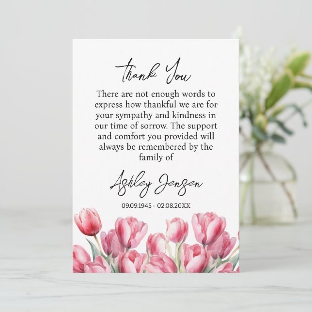 Tarjeta de agradecimiento funeral de tulipán de si (Anverso de pie)