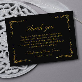 Tarjeta De Agradecimiento Funeral elegante simple de simpatía negro y dorado