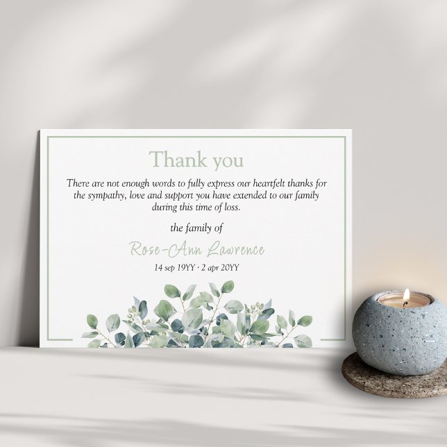 Tarjeta De Agradecimiento Funeral elegante y sencillo de solidaridad verde c (Funeral thank you card from family with floral botanical details and color frame, eucalyptus)