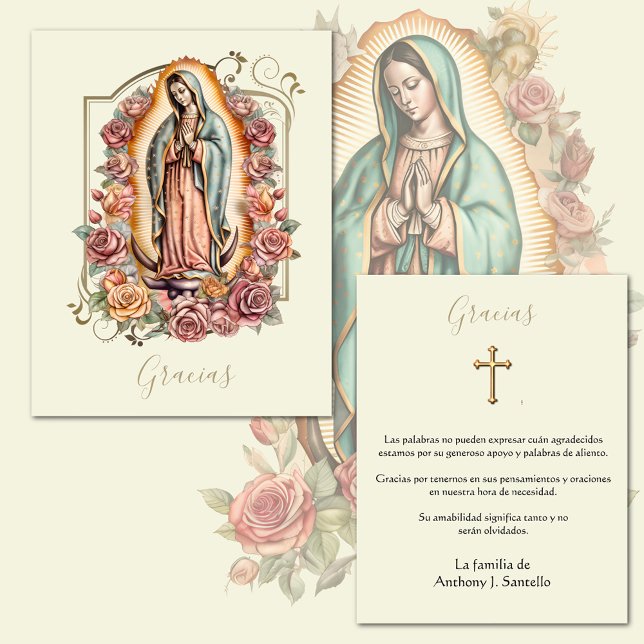 Tarjeta De Agradecimiento Funeral español Guadalupe Religiosa Gracias (Beautiful Catholic Virgin Mary Our Lady of Guadalupe Funeral Thank You cards)
