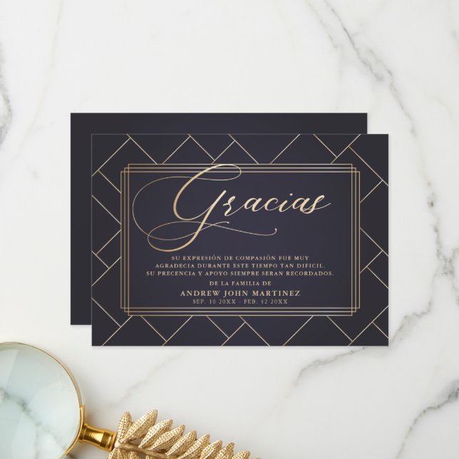 Tarjeta De Agradecimiento Funeral Español Soft Black & Gold Calligraphy (Anverso/Reverso In Situ)