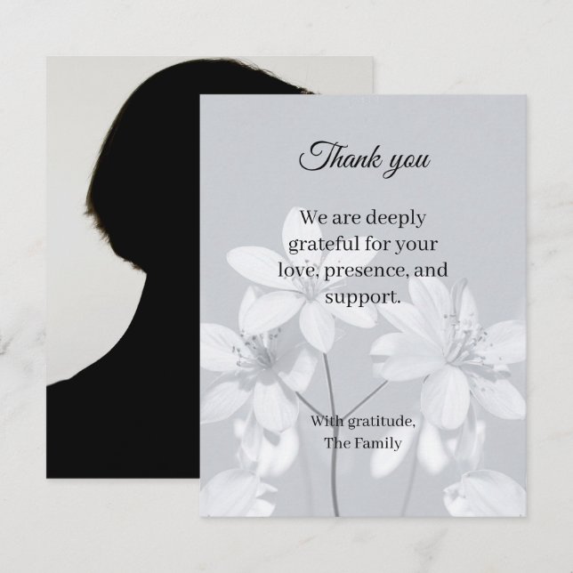 Tarjeta de agradecimiento funeral flor gris con fo (Anverso / Reverso)