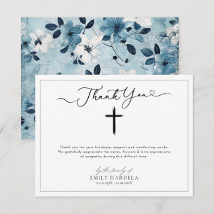 Tarjeta de agradecimiento funeral floral azul blan