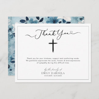 Tarjeta de agradecimiento funeral floral azul blan