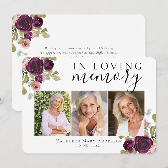 Tarjeta De Agradecimiento Funeral Floral de Borgoña (Anverso / Reverso)