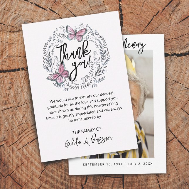 Tarjeta de agradecimiento funeral floral mariposa  (3.5"x5" Butterfly Floral Funeral Thank You Card)