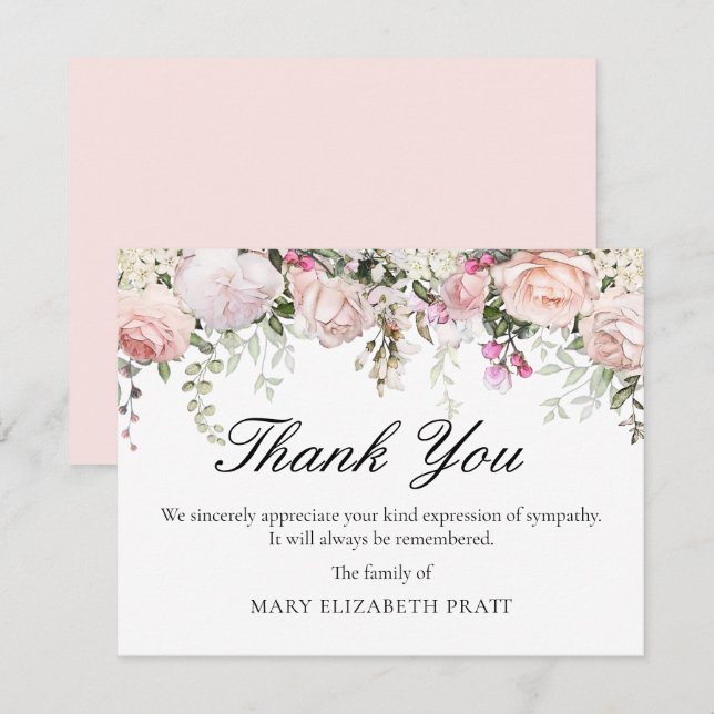 Tarjeta De Agradecimiento Funeral floral rosa (Anverso / Reverso)