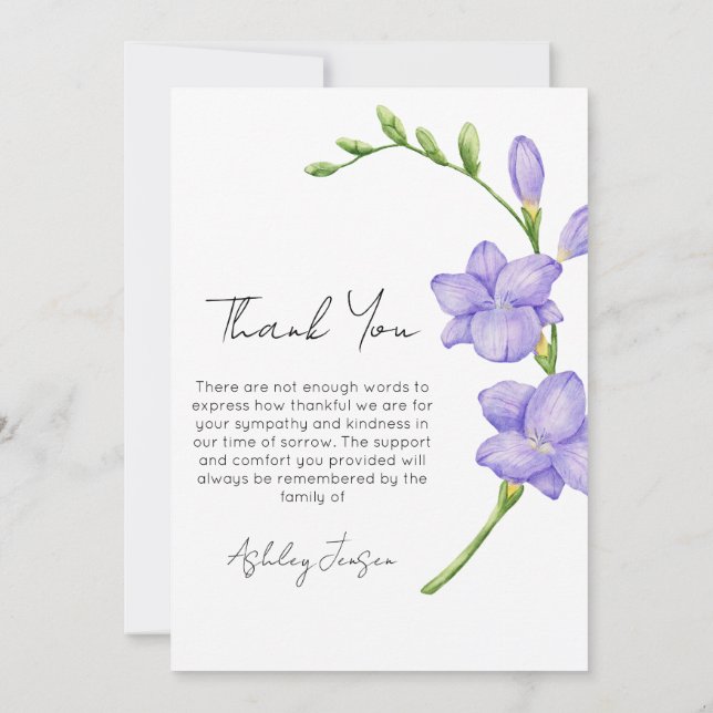 Tarjeta de agradecimiento funeral foto Freesia sim (Reverso)