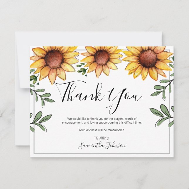 Tarjeta De Agradecimiento Funeral Gracias A Los Girasoles Rústicos (Anverso)