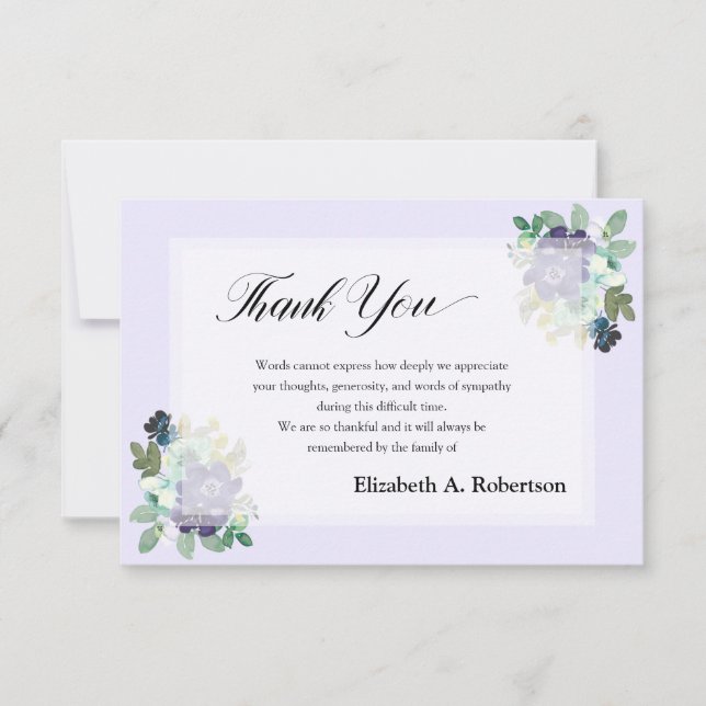 Tarjeta De Agradecimiento Funeral Gracias Flores Moradas (Anverso)