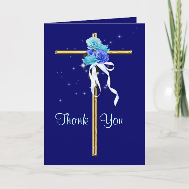 Tarjeta De Agradecimiento Funeral "Gracias" oro azul religioso (Anverso)