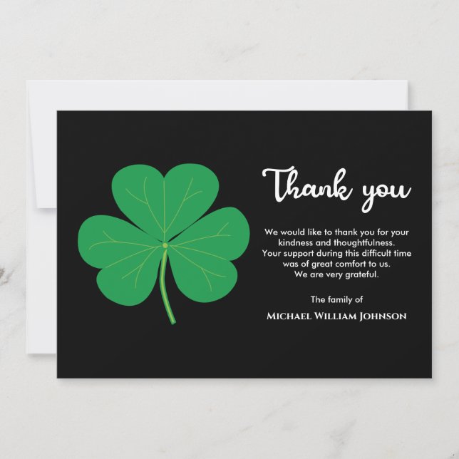Tarjeta De Agradecimiento Funeral irlandés Black White Shamrock Clover (Anverso)