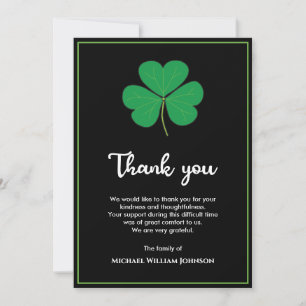 Tarjeta De Agradecimiento Funeral irlandés de Shamrock Clover Black White
