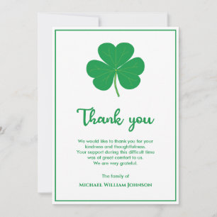 Tarjeta De Agradecimiento Funeral Irlandés De Shamrock Clover Blanco Y Verde