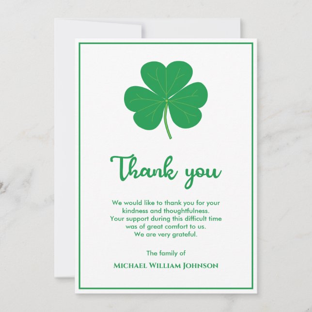 Tarjeta De Agradecimiento Funeral Irlandés De Shamrock Clover Blanco Y Verde (Anverso)