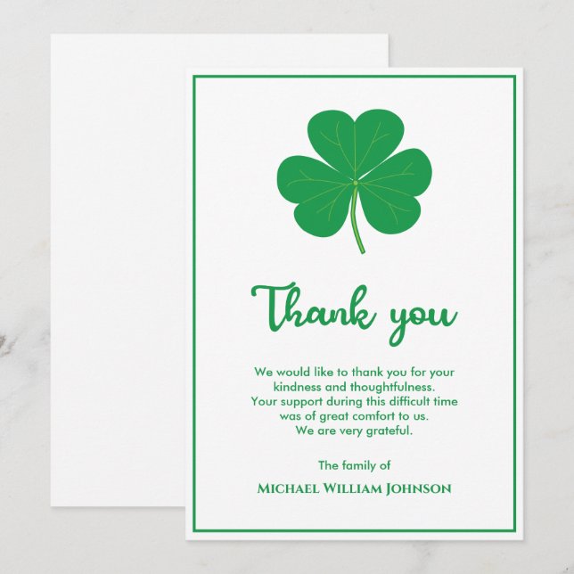 Tarjeta De Agradecimiento Funeral Irlandés De Shamrock Clover Blanco Y Verde (Anverso / Reverso)