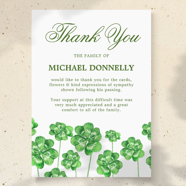 Tarjeta De Agradecimiento Funeral irlandés Shamrock Clover (Subido por el creador)