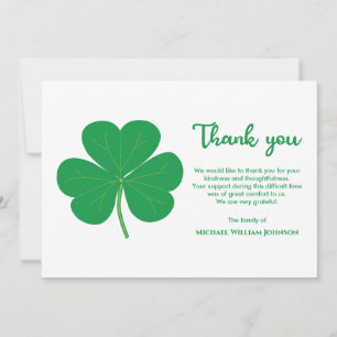 Tarjeta De Agradecimiento Funeral Irlandés White And Green Shamrock Clover