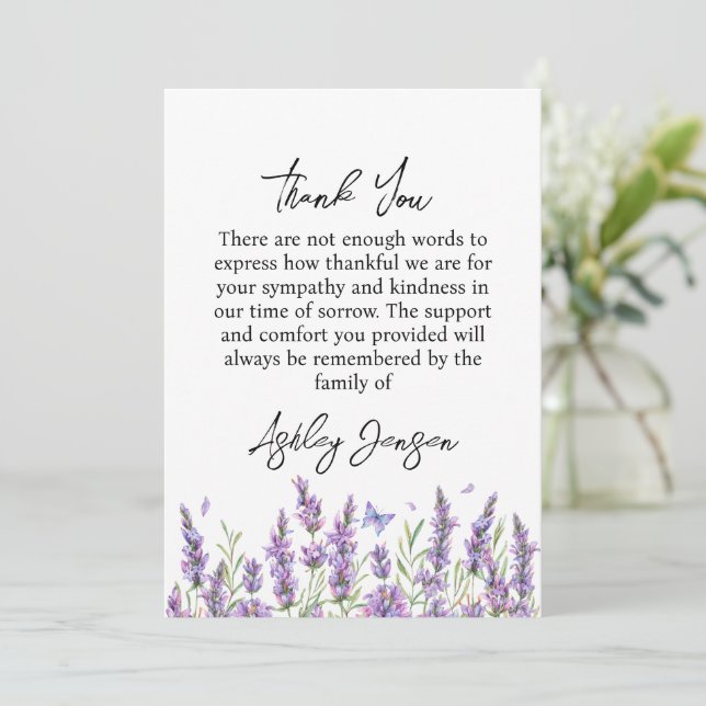 Tarjeta de agradecimiento funeral lavanda simpatía (Anverso de pie)