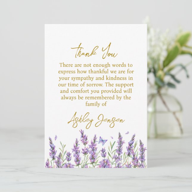 Tarjeta de agradecimiento funeral lavanda simpatía (Anverso de pie)
