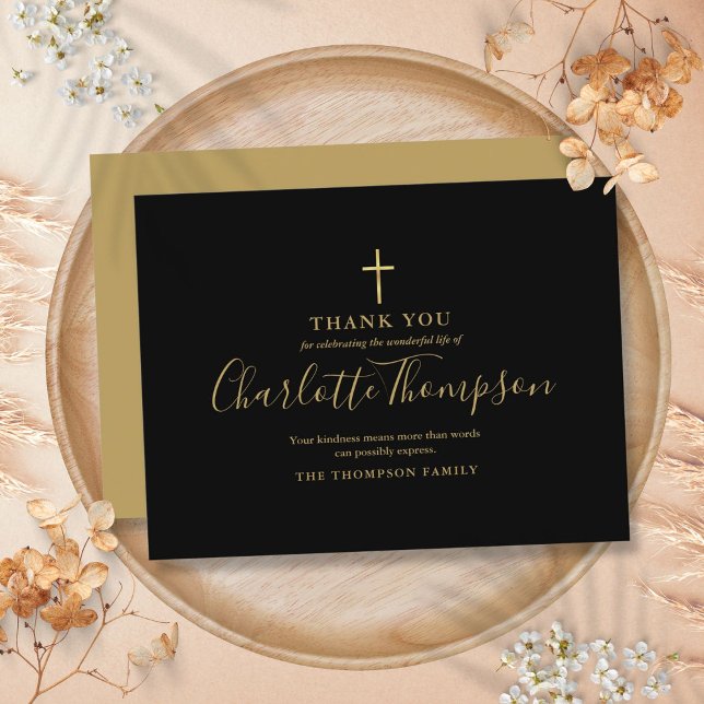 Tarjeta de agradecimiento funeral memorial de cruz (Elegant Gold Cross Memorial Funeral Thank You Card)