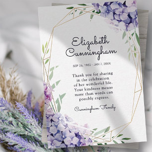 Tarjeta De Agradecimiento Funeral Memorial Hydrangea Lilac Flores Geométrica