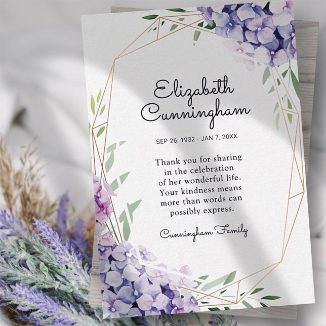 Tarjeta De Agradecimiento Funeral Memorial Hydrangea Lilac Flores Geométrica (Subido por el creador)