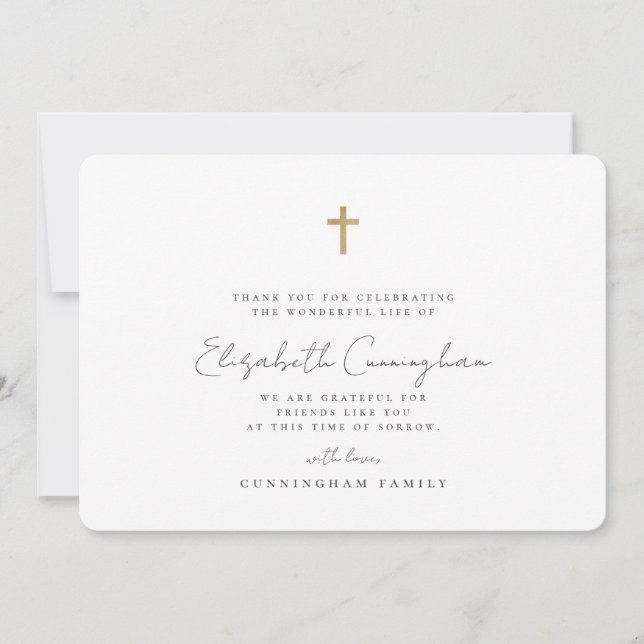 Tarjeta De Agradecimiento Funeral Memorial Moderno Simple Faux Gold Cross (Anverso)
