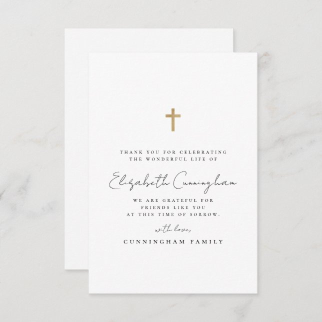 Tarjeta De Agradecimiento Funeral Memorial Moderno Simple Faux Gold Cross (Anverso / Reverso)