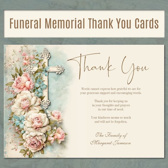 Tarjeta De Agradecimiento Funeral Memorial Service Floral Cross Religious (Christian Floral Funeral Memorial Service Thank You Cards)