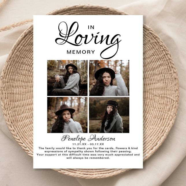 Tarjeta De Agradecimiento Funeral moderno de 4 Collages de fotos (Subido por el creador)