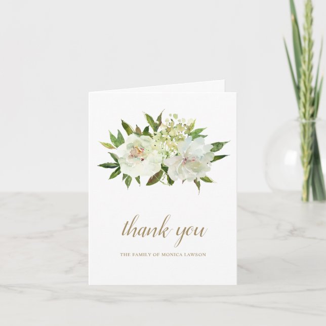Tarjeta De Agradecimiento Funeral moderno elegante floral blanco dorado (Anverso)