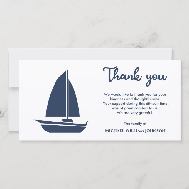Tarjeta De Agradecimiento Funeral Nautico Blue White Sailing (Anverso)