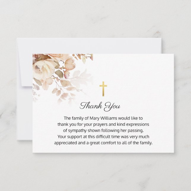 Tarjeta De Agradecimiento Funeral Religioso Memorial Acuarela Cruz Floral (Anverso)