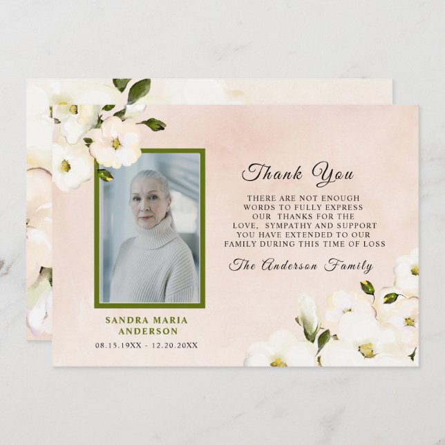 Tarjeta De Agradecimiento Funeral Romántico Floral Rosa Foto Gracias  (Anverso / Reverso)